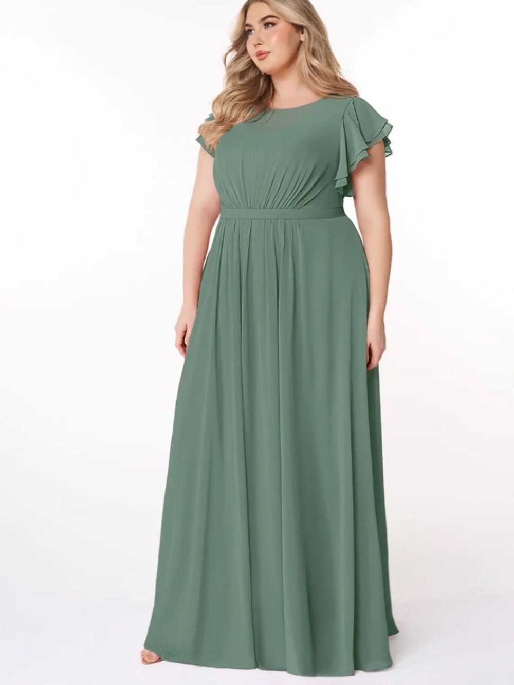 Azazie Daphne A-Line Ruffled Chiffon Floor-Length Bridesmaid Dress in Eucalyptus - Picture 2 of 14